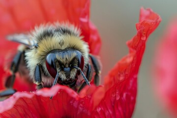 Poster - A detailed macro shot of a bumblebee perched on a vibrant red flower petal, showcasing the intricate texture and structure of the bee and the delicate beauty of the flower.
