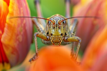 Aufkleber - A high-resolution close-up of a detailed grasshopper perched atop colorful flowers, showcasing the insect's intricate features amidst a vibrant and natural floral backdrop.