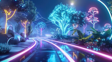 Wall Mural - A futuristic road with neon lights and high-tech sensors embedded, leading through a digital forest with holographic trees and wildlife.