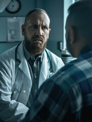 Wall Mural - A man in a white coat is talking to a man in a blue plaid shirt. The doctor is looking at the patient with concern