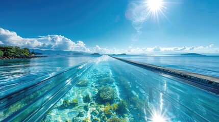 Wall Mural - A glass road built over a clear blue sea, offering views of marine life below and islands in the distance under a bright sunny sky.