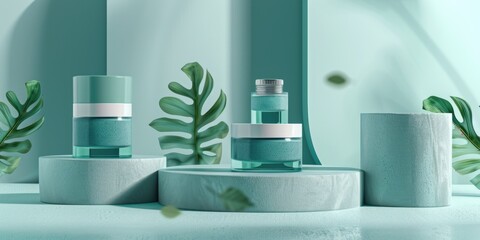 Wall Mural - A display of three green containers with a leafy background