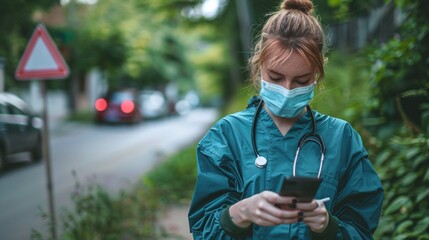 Wall Mural - A woman in a green scrub suit is looking at her cell phone while wearing a mask. She is walking down a street with cars in the background