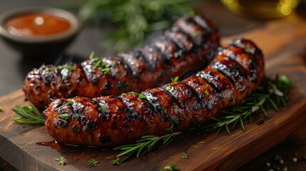 Wall Mural - Fried sausages with sauces and herbs on wooden serving Board. Great beer snack on a dark background