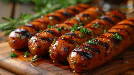 Wall Mural - Fried sausages with sauces and herbs on wooden serving Board. Great beer snack on a dark background