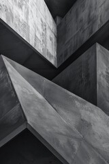 Wall Mural - The image is a black and white photograph of a building with a lot of concrete. The building has a lot of angles and is very angular
