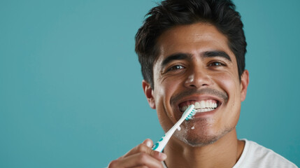 Wall Mural - hispanic handsome man smiling brushing teeth  isolated on a green background