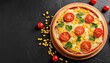 © Daniel - pizza with tomatoes corn and cheese on a black background