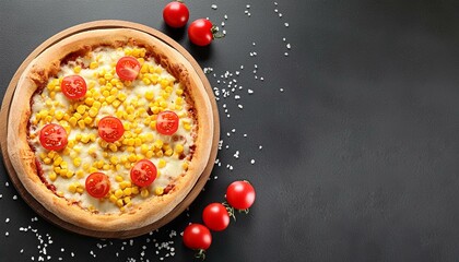 pizza with tomatoes corn and cheese on a black background