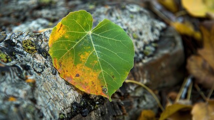 Sticker - Green and yellow aspen leaf fallen from a tree in autumn