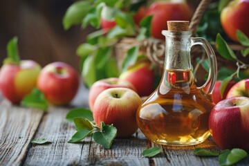 Rustic setting featuring apple cider vinegar in a glass bottle and fresh apples with leaves