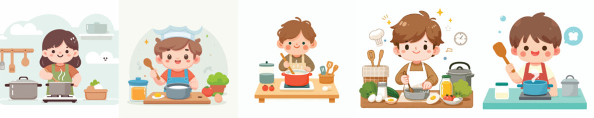 Wall Mural - vector set of kid cooking