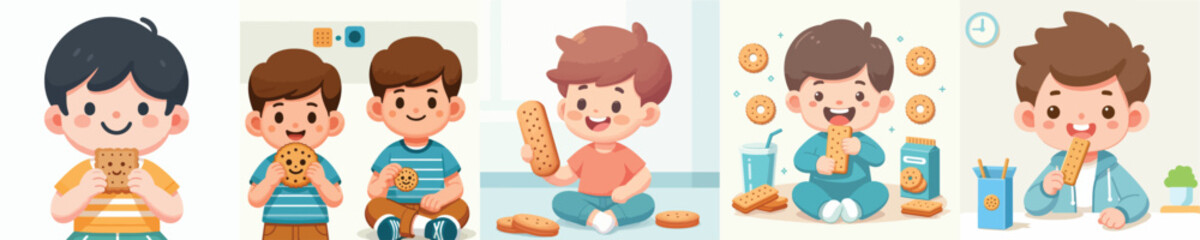 Wall Mural - vector set of people eating biscuits