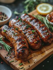 Wall Mural - Fried sausages with sauces and herbs on wooden serving Board. Great beer snack on a dark background