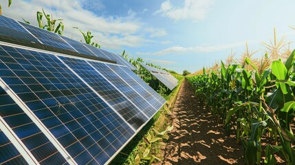 Wall Mural - A modern approach to farming with solar panels integrated into a cornfield landscape, supplying clean energy to a powerful tube well system.