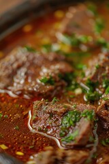 Canvas Print - A bowl of meat with a green herb garnish. The meat is brown and he is cooked