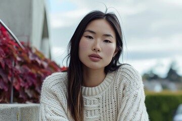 Sticker - Tranquil portrait of a young asian woman wearing a white sweater, outdoors with soft focus background