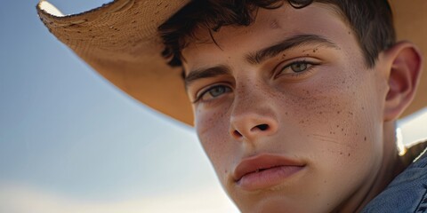 Wall Mural - A young man with a cowboy hat and a beard is standing in the sun. He has a serious expression on his face