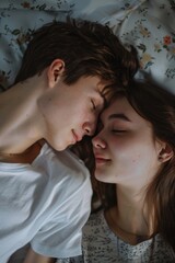 Poster - A man and a woman are lying on a bed, with their faces pressed together. Scene is romantic and intimate