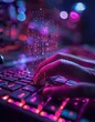 © gmm2000 - Close-up image of a cyber warrior's hand using a hi-tech holographic purple light keyboard on a mobile phone to fight in the cyber war. generative ai