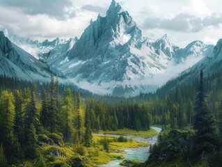 Poster - A mountain range with a river running through it. The mountains are covered in snow and the trees are green. The scene is peaceful and serene