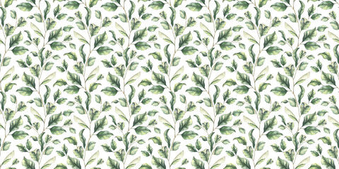 Wall Mural - Green branches with leaves. Hand drawn watercolor seamless pattern of Twigs. Summer floral background for wedding design, textiles, wrapping paper, scrapbooking