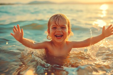 A young child is splashing in the water and smiling. The scene is bright and cheerful, with the sun shining down on the water and the child's face