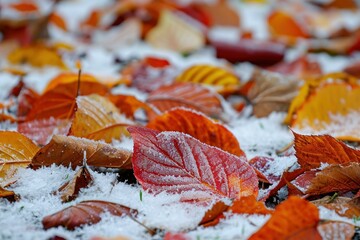 Sticker - Close-up of colorful fallen leaves dusted with the first snow of the season