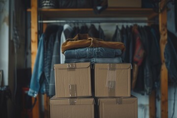 Wall Mural - A pile of boxes stacked on top of each other in a room. The boxes are brown and white, and the room has a cluttered and disorganized appearance