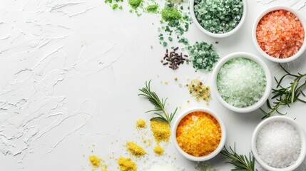 Poster - Top down view of vibrant spa salts with herbs on white background framed with space for text