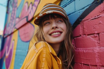 Canvas Print - A woman wearing a yellow jacket and a striped hat is smiling at the camera. The image has a bright and cheerful mood, with the woman's smile and the colorful background