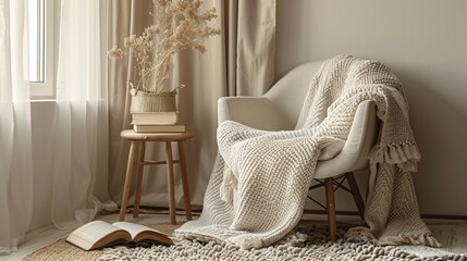 Wall Mural - A cozy corner with a single chair, a small side table with one book, and a soft, neutral-colored throw blanket