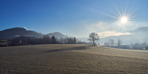 Morning view of an Austrian landscape in the winter, Austria	