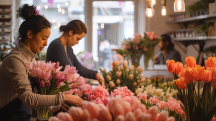 Wall Mural - Florists arranging beautiful tulips in a bright flower shop interior