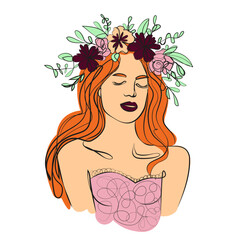 Abstract portrait of a red-haired woman wearing floral wreath. Flat colored continuous line art doodle.