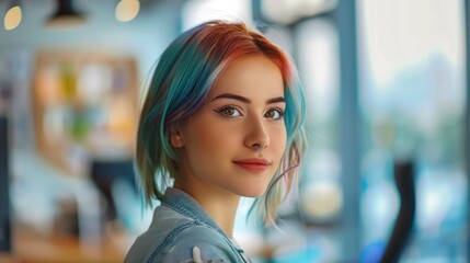 Poster - A woman with blue hair and a nose ring is smiling at the camera. She is wearing a blue shirt and is standing in front of a window