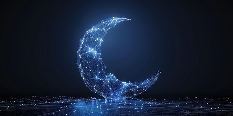 Wall Mural - The crescent or moon is an abstract illustration isolated on a dark background made with low poly wireframe mesh. 