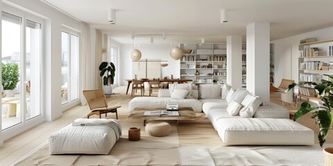 Wall Mural - The living room is decorated entirely in white with an abundance of Scandinavian furniture, including a sofa, armchairs, coffee tables, and shelves