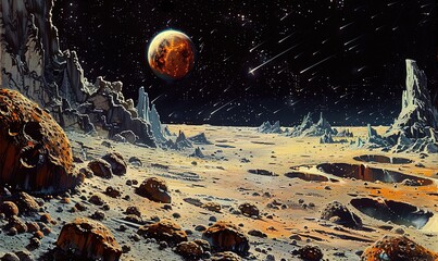 Wall Mural - A rocky, barren landscape with a large planet in the background