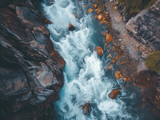 Poster - A river with rocks and water flowing through it. Concept of calmness and serenity, as the water flows peacefully over the rocks