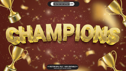 Poster - Gold luxury champions editable 3d vector text style effect with champions trophy and glitter on red background