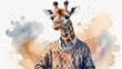 © Olena Yefremkina - Watercolor drawing of a giraffe in a jacket print for a t-shirt.