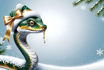 Wall Mural - New Year's green snake in a New Year's hat, empty space for text