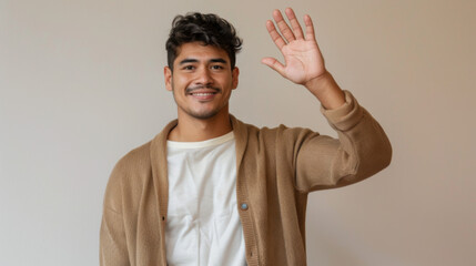 hispanic handsome man smiling Waving with one hand raised isolated on a brown background