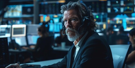 Poster - Middle-aged businessman wearing headset working in modern control room with multiple screens