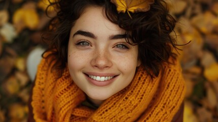 Wall Mural - A woman with a smile on her face is wearing a yellow scarf. She is standing in a field of leaves