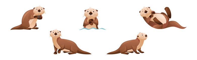 Wall Mural - sea otter as marine mammal and aquatic creature with brown coat and long tail vector set