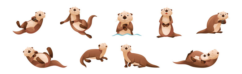 Wall Mural - sea otter as marine mammal and aquatic creature with brown coat and long tail vector set