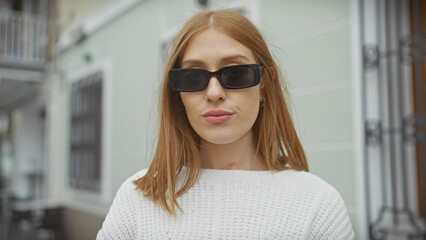 Poster - Young redhead woman wearing sunglasses posing on a city street, exuding confident urban style