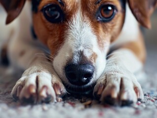 Wall Mural - A dog with brown and white fur is laying on the floor. Its nose is sticking out and it is sniffing something